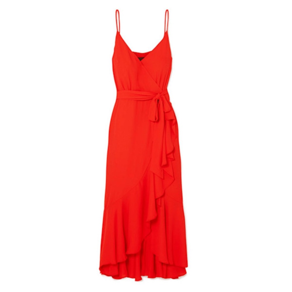 J. Crew wrap ruffled crepe de chine midi dress red coral spaghetti strap size 8